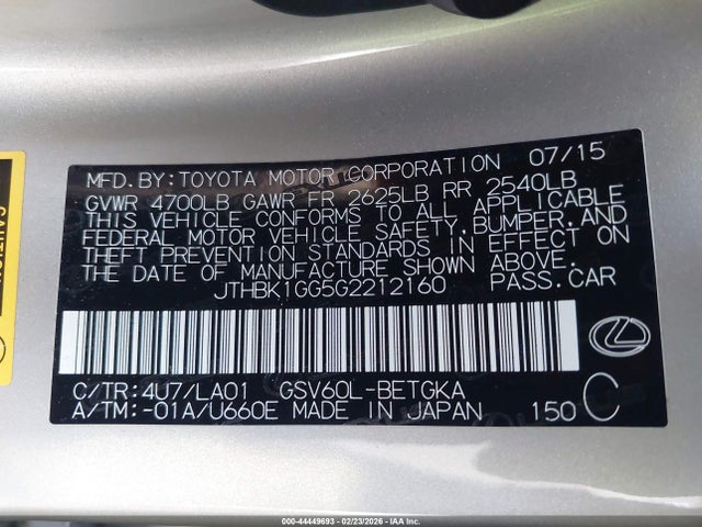 JTHBK1GG5G2212160 Lexus ES 350