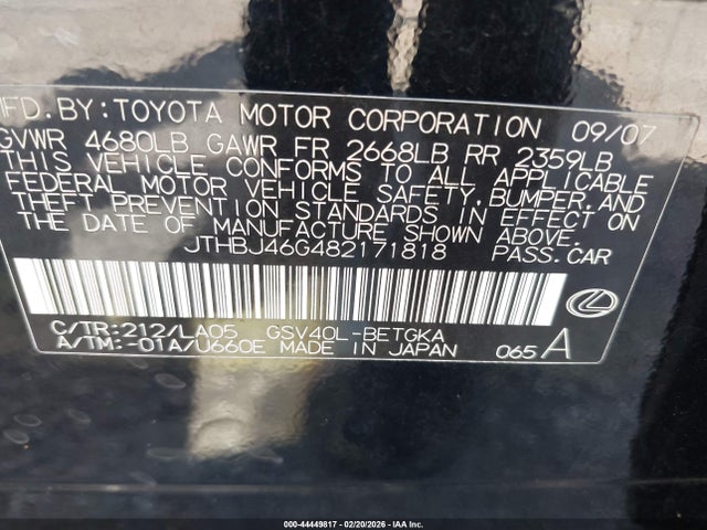 Продаж на аукціоні авто 2008 Lexus Es 350, vin: JTHBJ46G482171818, номер лоту: 44449817