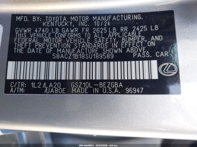 Продаж на аукціоні авто 2025 Lexus Es 350, vin: 58ACZ1B18SU189589, номер лоту: 44449821