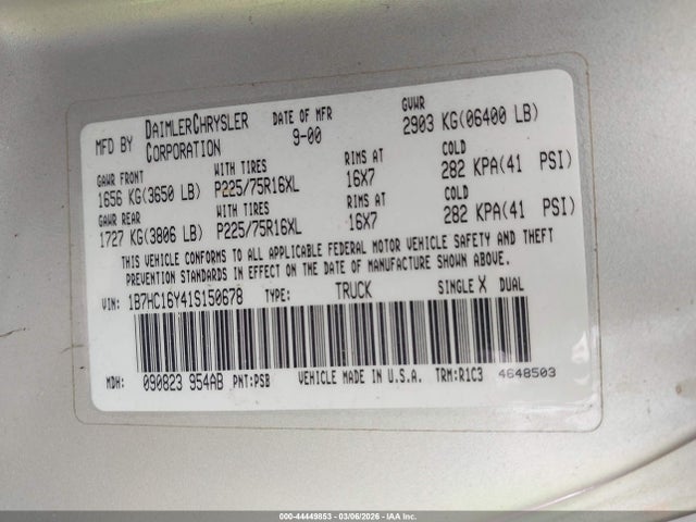 44449853 :رقم المزاد ، 1B7HC16Y41S150678 vin ، 2001 Dodge Ram 1500 St مزاد بيع