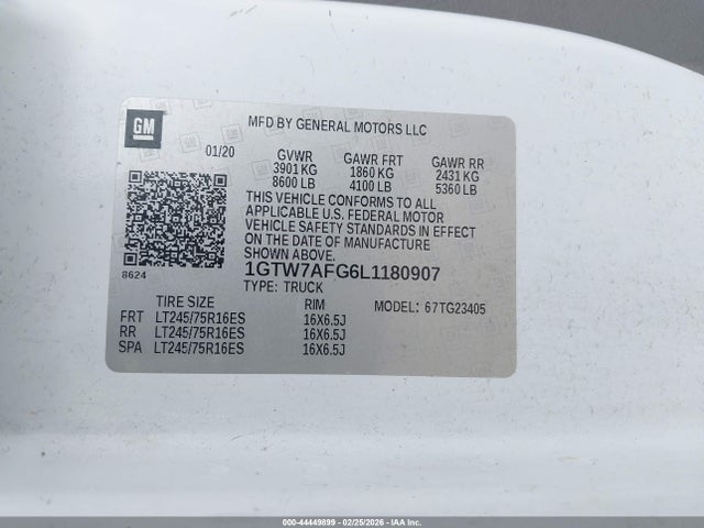 Aukcja sprzedaży 2020 Gmc Savana Cargo Rwd 2500 Regular Wheelbase Work Van, vin: 1GTW7AFG6L1180907, numer aukcji: 44449899