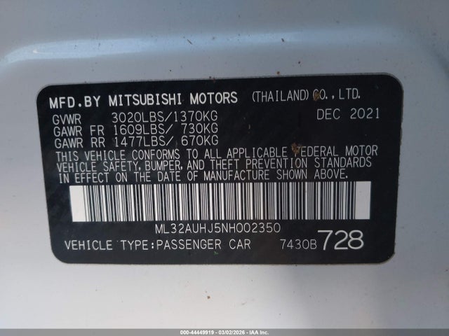 Продажа на аукционе авто 2022 Mitsubishi Mirage Es/le, vin: ML32AUHJ5NH002350, номер лота: 44449919