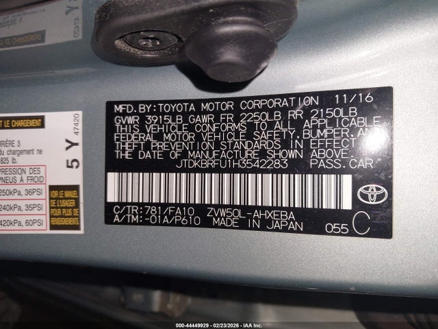 JTDKBRFU1H3542283 Toyota Prius Two