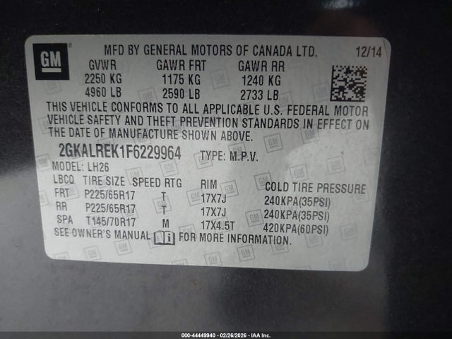 Продажа на аукционе авто 2015 Gmc Terrain Sle-2, vin: 2GKALREK1F6229964, номер лота: 44449940
