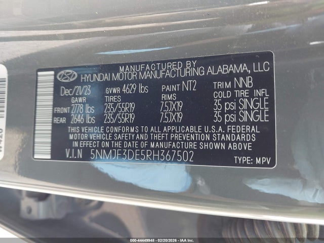 Aukcja sprzedaży 2024 Hyundai Tucson Sel, vin: 5NMJF3DE5RH367502, numer aukcji: 44449948