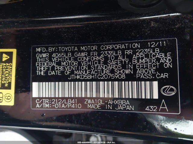 44449957 :رقم المزاد ، JTHKD5BH1C2075908 vin ، 2012 Lexus Ct 200h Premium مزاد بيع