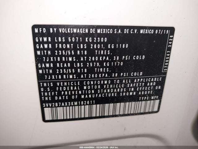 2019 VOLKSWAGEN TIGUAN 3VV2B7AX3KM182611 Photo 8