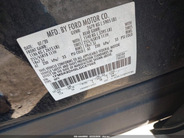 44449995 :رقم المزاد ، 1FMSK8DH0LGC67065 vin ، 2020 Ford Explorer Xlt مزاد بيع