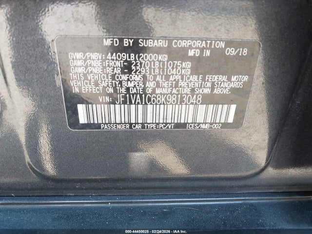 44450025 :رقم المزاد ، JF1VA1C68K9813048 vin ، 2019 Subaru Wrx Premium مزاد بيع