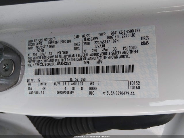44450028 :رقم المزاد ، 1FMCU9G62LUB84253 vin ، 2020 Ford Escape Se مزاد بيع