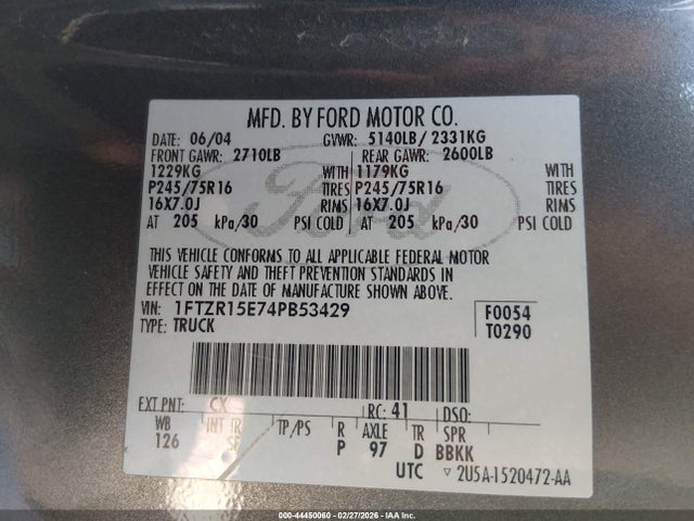 Продажа на аукционе авто 2004 Ford Ranger Xlt, vin: 1FTZR15E74PB53429, номер лота: 44450060