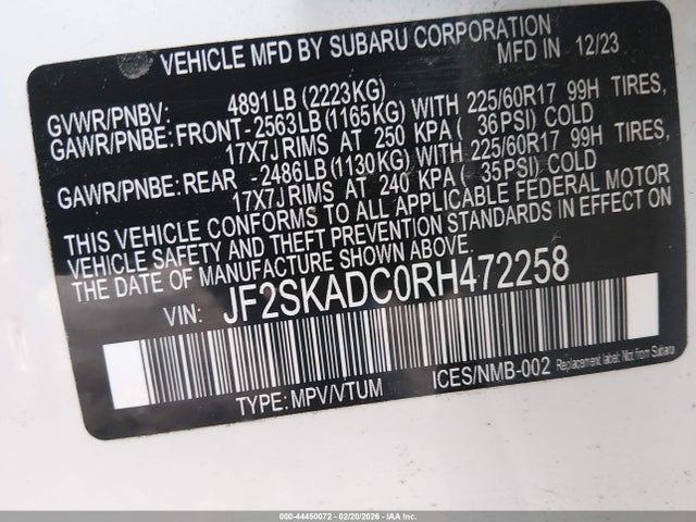 44450072 :رقم المزاد ، JF2SKADC0RH472258 vin ، 2024 Subaru Forester Premium مزاد بيع