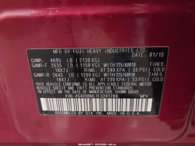 Продажа на аукционе авто 2015 Subaru Outback 2.5i Limited, vin: 4S4BSBNC1F3291788, номер лота: 44450077