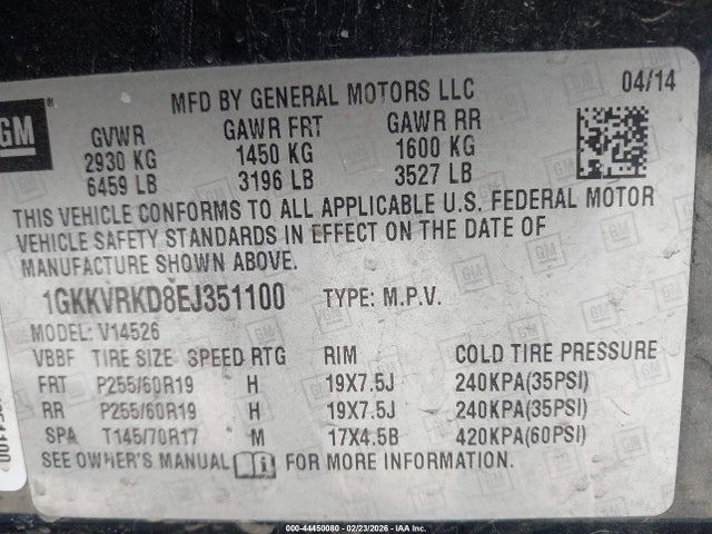 Продаж на аукціоні авто 2014 Gmc Acadia Slt-1, vin: 1GKKVRKD8EJ351100, номер лоту: 44450080