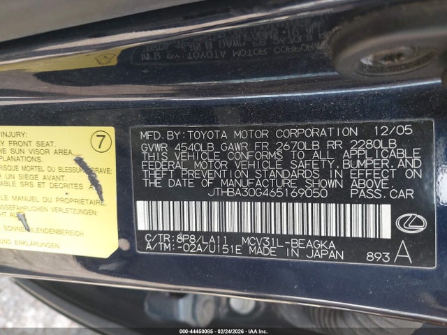 44450085 :رقم المزاد ، JTHBA30G465169050 vin ، 2006 Lexus Es 330 مزاد بيع