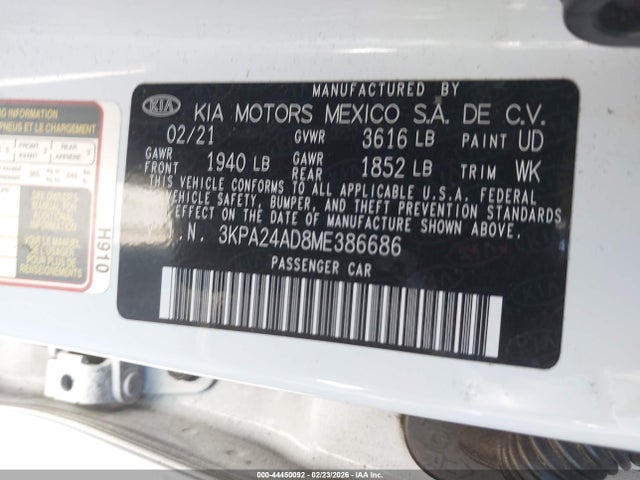 2021 Kia Rio Lx მანქანა იყიდება აუქციონზე, vin: 3KPA24AD8ME386686, აუქციონის ნომერი: 44450092