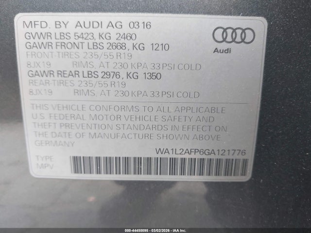 Продажа на аукционе авто 2016 Audi Q5 2.0t Premium, vin: WA1L2AFP6GA121776, номер лота: 44450095