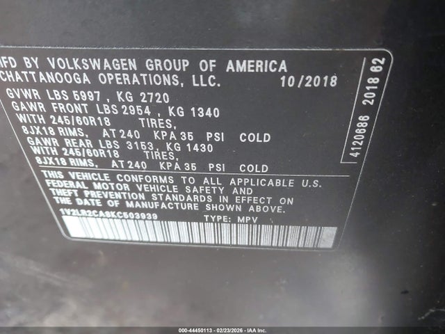 2019 Volkswagen Atlas 3.6l V6 Se მანქანა იყიდება აუქციონზე, vin: 1V2LR2CA8KC503939, აუქციონის ნომერი: 44450113