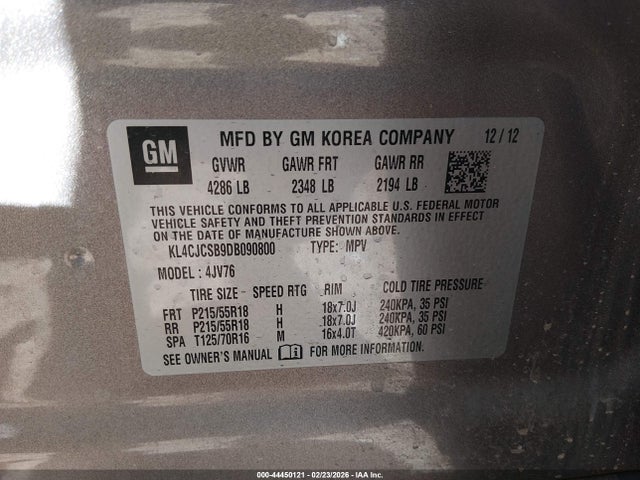 44450121 :رقم المزاد ، KL4CJCSB9DB090800 vin ، 2013 Buick Encore Leather مزاد بيع