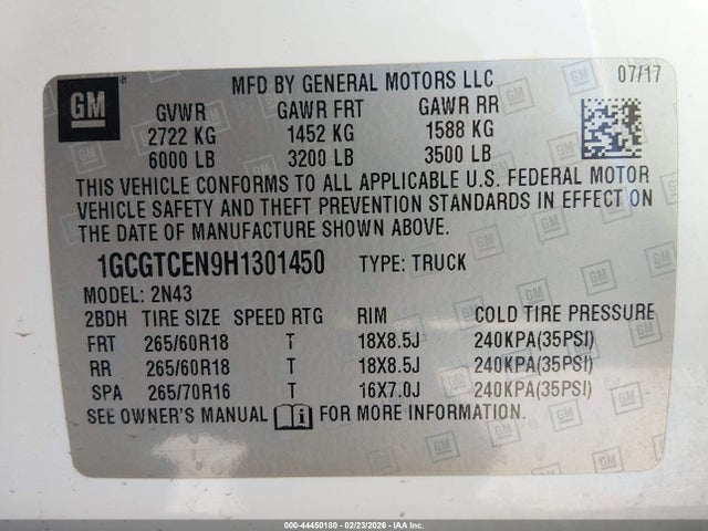 Aukcja sprzedaży 2017 Chevrolet Colorado Lt, vin: 1GCGTCEN9H1301450, numer aukcji: 44450180