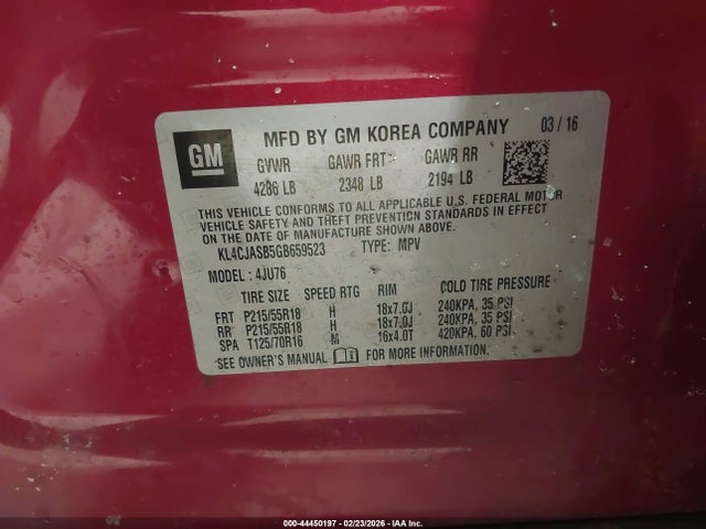 2016 Buick Encore მანქანა იყიდება აუქციონზე, vin: KL4CJASB5GB659523, აუქციონის ნომერი: 44450197