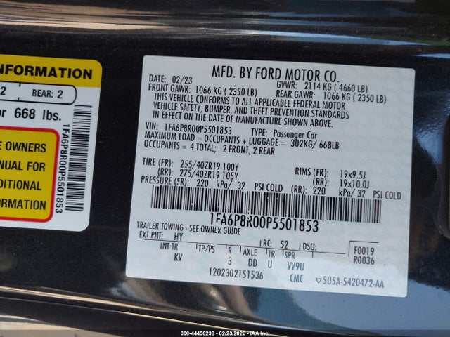 2023 Ford Mustang Mach 1 Fastback მანქანა იყიდება აუქციონზე, vin: 1FA6P8R00P5501853, აუქციონის ნომერი: 44450238