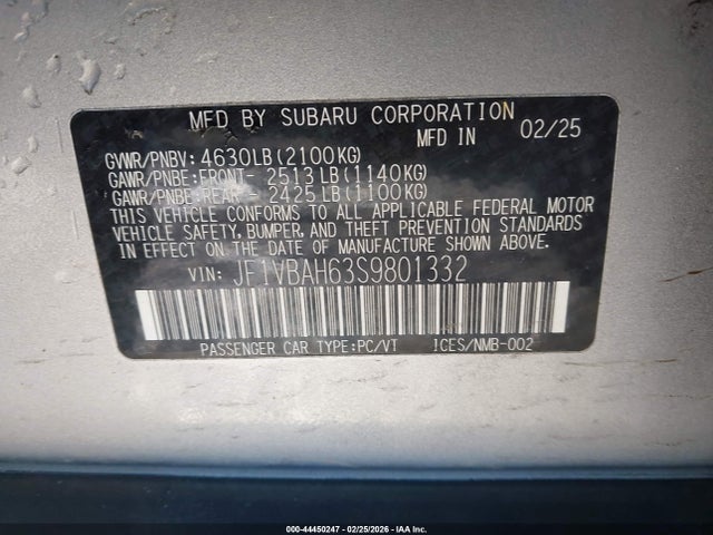 Aukcja sprzedaży 2025 Subaru Wrx Premium, vin: JF1VBAH63S9801332, numer aukcji: 44450247