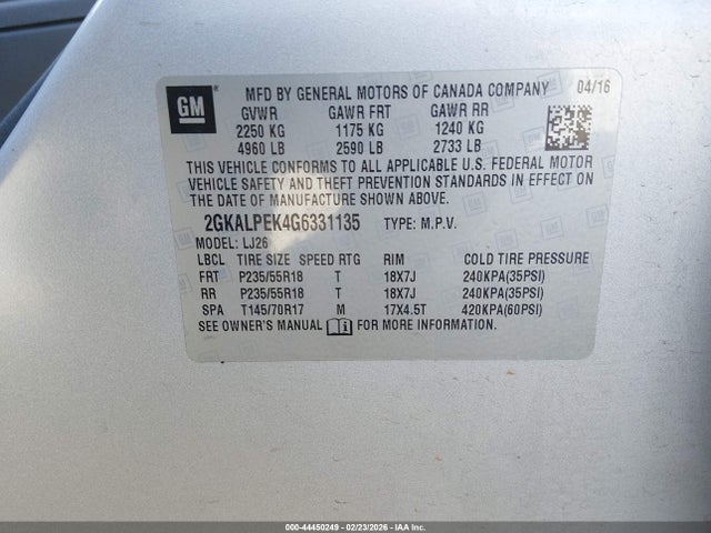 Продаж на аукціоні авто 2016 Gmc Terrain Slt, vin: 2GKALPEK4G6331135, номер лоту: 44450249