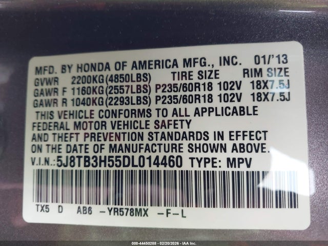 2013 Acura Rdx მანქანა იყიდება აუქციონზე, vin: 5J8TB3H55DL014460, აუქციონის ნომერი: 44450288
