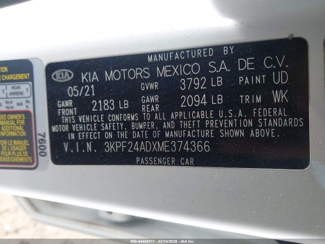 44450317 :رقم المزاد ، 3KPF24ADXME374366 vin ، 2021 Kia Forte Fe مزاد بيع