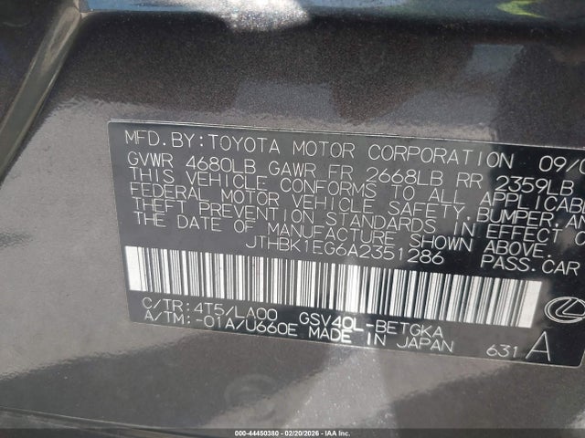Aukcja sprzedaży 2010 Lexus Es 350, vin: JTHBK1EG6A2351286, numer aukcji: 44450380