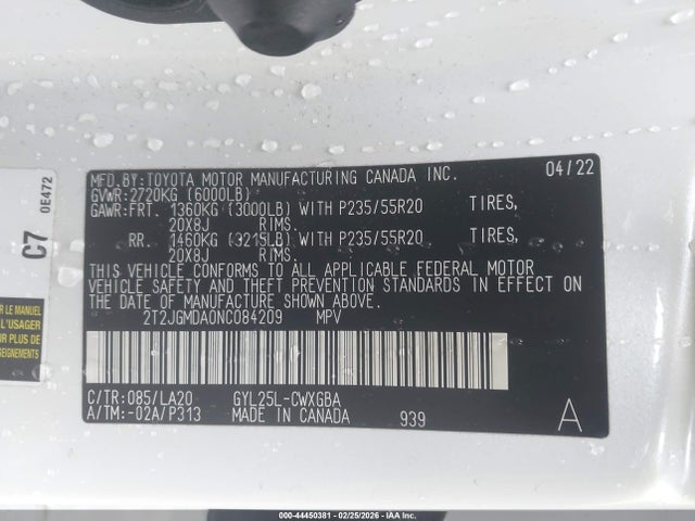 44450381 :رقم المزاد ، 2T2JGMDA0NC084209 vin ، 2022 Lexus Rx 450h مزاد بيع