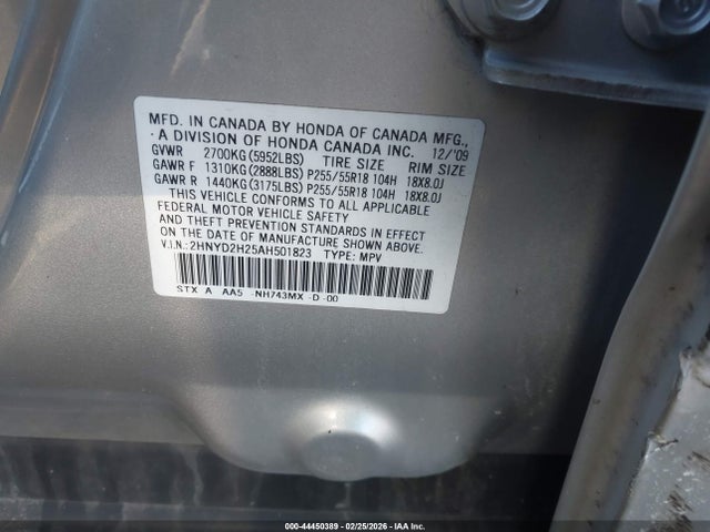 44450389 :رقم المزاد ، 2HNYD2H25AH501823 vin ، 2010 Acura Mdx 3.7l (a6) مزاد بيع