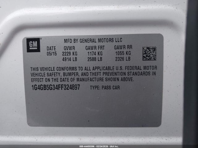 44450396 :رقم المزاد ، 1G4GB5G34FF324897 vin ، 2015 Buick Lacrosse Leather مزاد بيع
