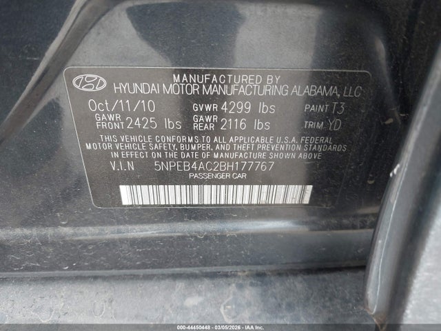 2011 Hyundai Sonata Gls მანქანა იყიდება აუქციონზე, vin: 5NPEB4AC2BH177767, აუქციონის ნომერი: 44450448