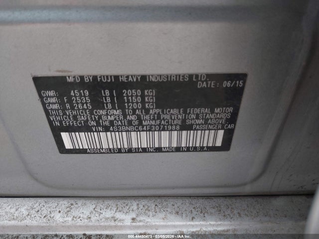 2015 Subaru Legacy 2.5i Premium მანქანა იყიდება აუქციონზე, vin: 4S3BNBC64F3071988, აუქციონის ნომერი: 44450473