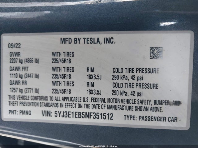 Продаж на аукціоні авто 2022 Tesla Model 3 Long Range Dual Motor All-wheel Drive, vin: 5YJ3E1EB5NF351512, номер лоту: 44450472