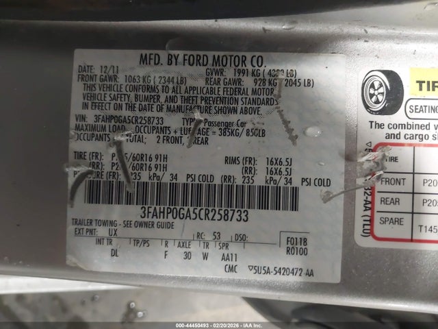 2012 FORD FUSION 3FAHP0GA5CR258733 Photo 8
