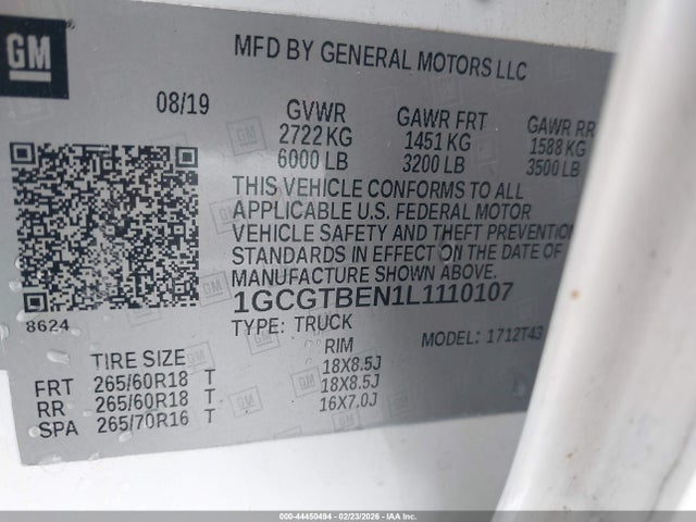 Продаж на аукціоні авто 2020 Chevrolet Colorado 4wd  Long Box Wt, vin: 1GCGTBEN1L1110107, номер лоту: 44450494