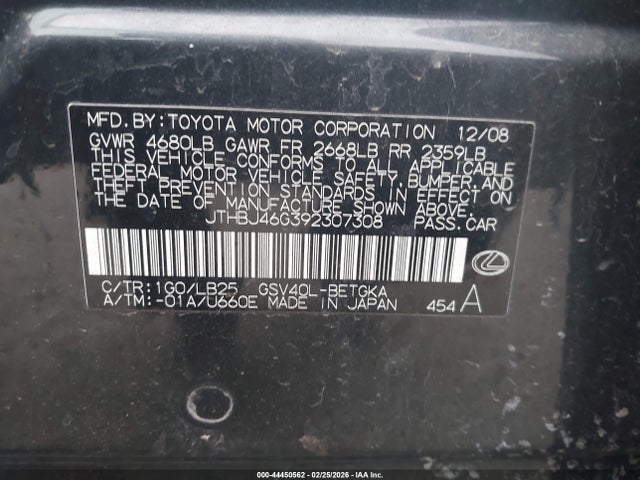 Продажа на аукционе авто 2009 Lexus Es 350, vin: JTHBJ46G392307308, номер лота: 44450562