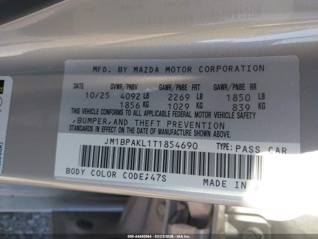 Aukcja sprzedaży 2026 Mazda Mazda3 2.5 S Select Sport, vin: JM1BPAKL1T1854690, numer aukcji: 44450564