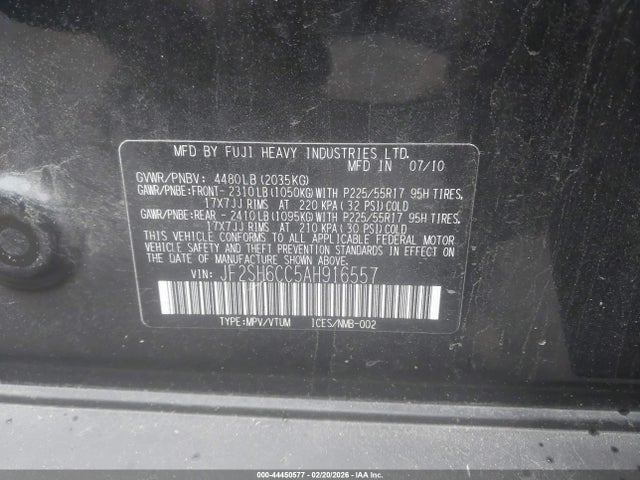 Aukcja sprzedaży 2010 Subaru Forester 2.5x Premium, vin: JF2SH6CC5AH916557, numer aukcji: 44450577