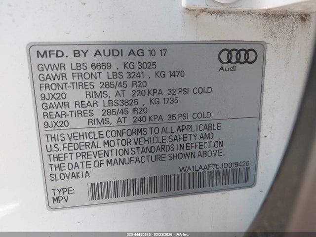 Продаж на аукціоні авто 2018 Audi Q7 3.0t Premium, vin: WA1LAAF75JD019426, номер лоту: 44450585