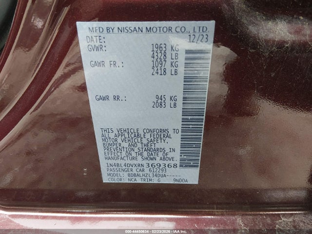 44450634 :رقم المزاد ، 1N4BL4DVXRN369368 vin ، 2024 Nissan Altima Sv Fwd مزاد بيع