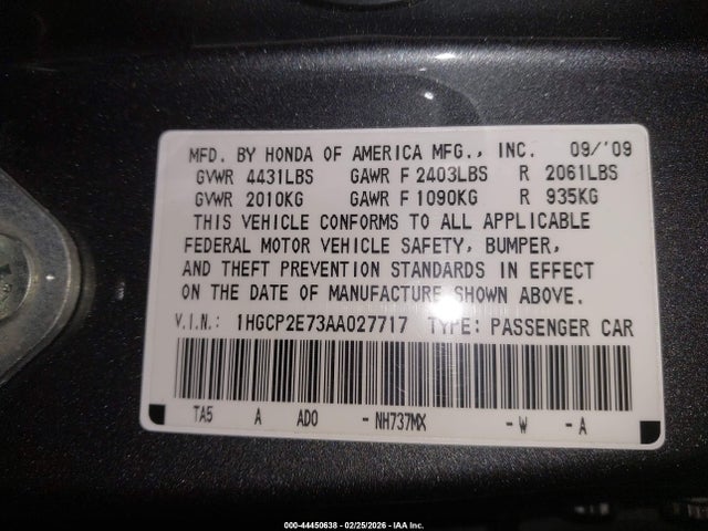 Продажа на аукционе авто 2010 Honda Accord 2.4 Ex, vin: 1HGCP2E73AA027717, номер лота: 44450638