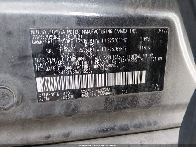 2T3H1RFV8NW215992 Toyota RAV4 LE
