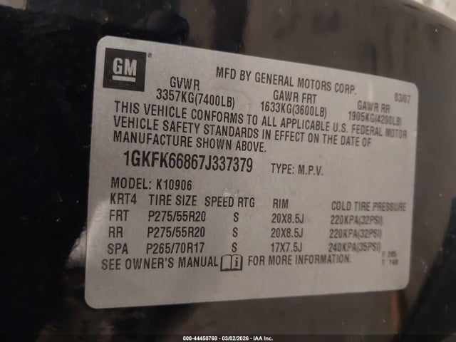 Aukcja sprzedaży 2007 Gmc Yukon Xl 1500 Denali, vin: 1GKFK66867J337379, numer aukcji: 44450768