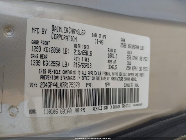 Aukcja sprzedaży 2007 Dodge Grand Caravan Sxt, vin: 2D4GP44LX7R175378, numer aukcji: 44450775