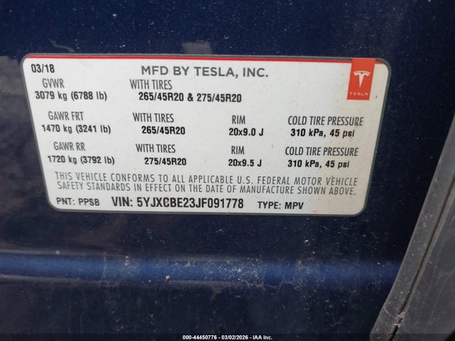 2018 Tesla Model X 100d/75d/p100d მანქანა იყიდება აუქციონზე, vin: 5YJXCBE23JF091778, აუქციონის ნომერი: 44450776