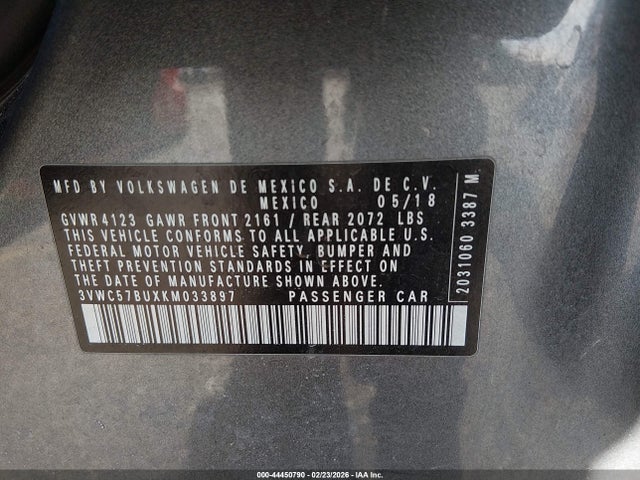 44450790 :رقم المزاد ، 3VWC57BUXKM033897 vin ، 2019 Volkswagen Jetta 1.4t R-line/1.4t S/1.4t Se مزاد بيع